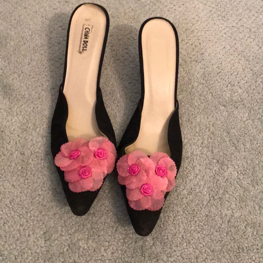 Black slip on puma with pink flowers